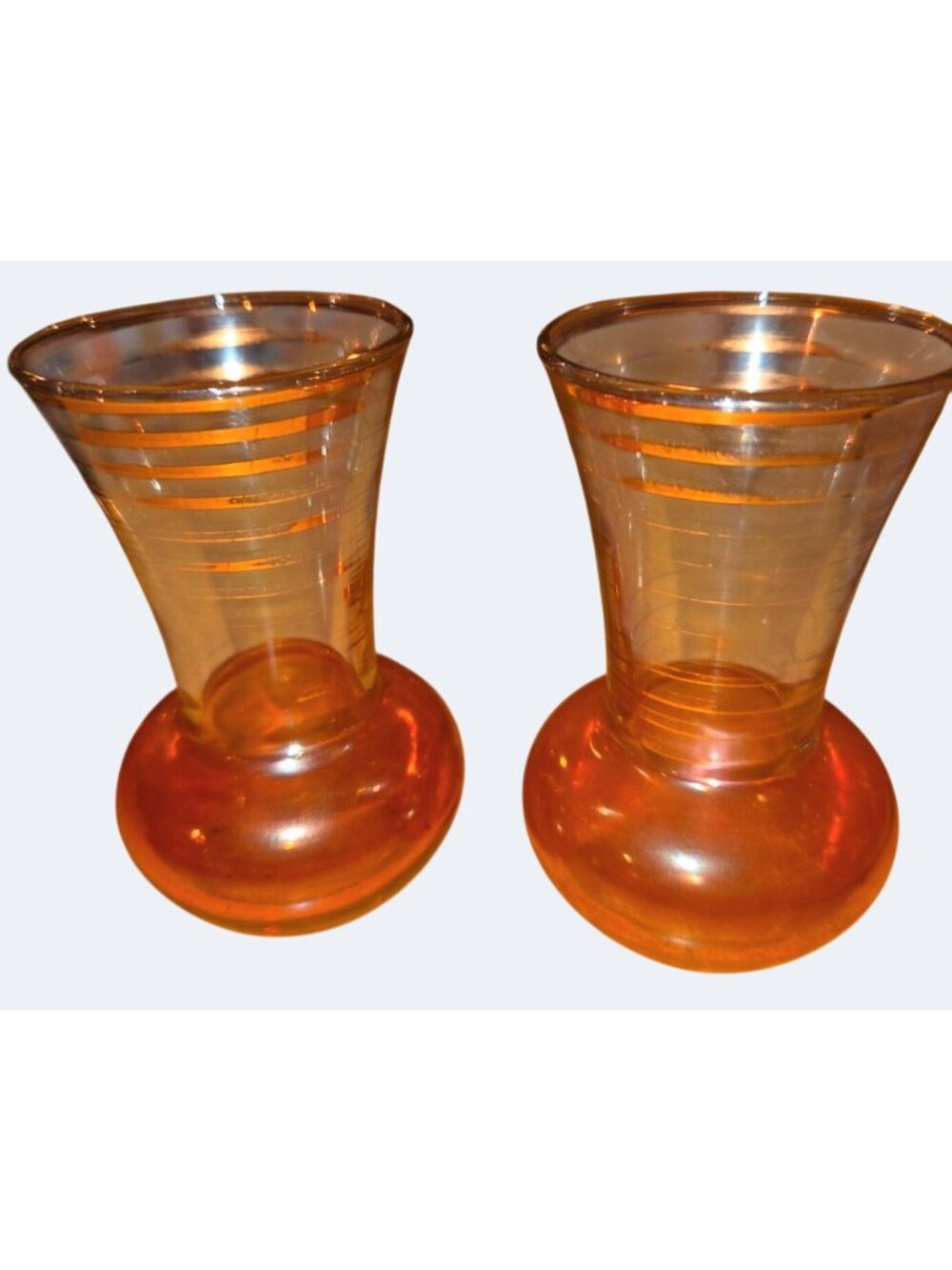 Bartlett Collins Amber Glass Vases Pair Flared Rim Horizontal Stripes Vintage Ar